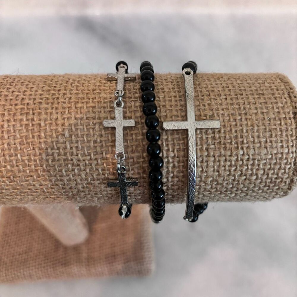 Lot Of 3 Francesca's Collections Beaded Silver-tone Cross Bracelet Set Black OS